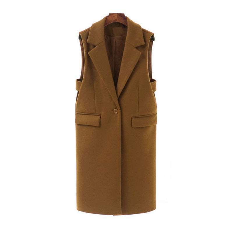 Sungtin Classic Wanita Long Blazer Elegant Kantor Lady Coat Female Causal  Suits Sleeveless Jacket Pocket Outwear