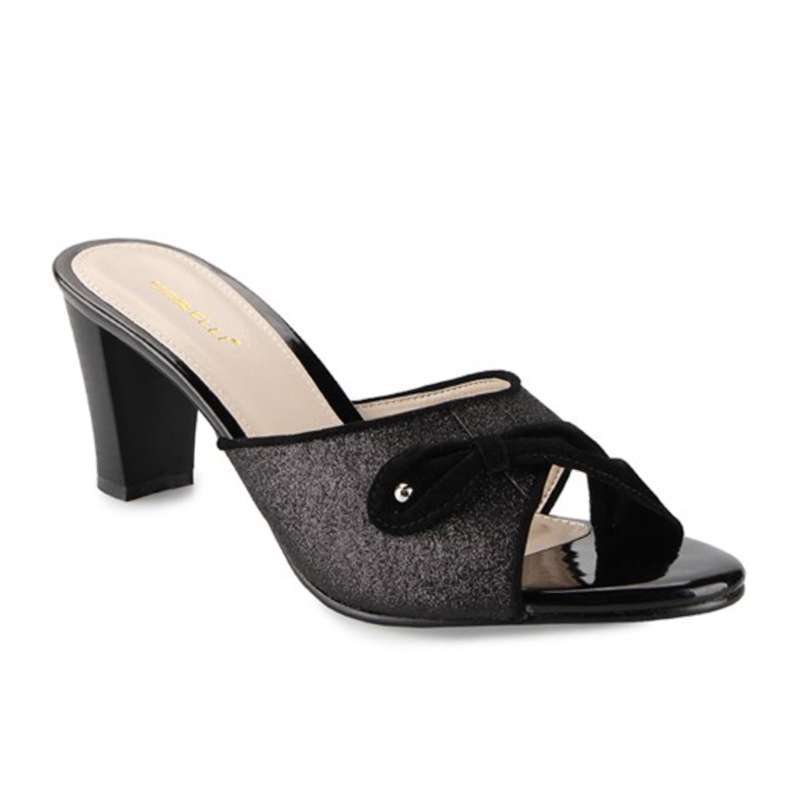 Marelli Sandal Heels Wanita hak 7cm Peep toe Glitter bow 0021 Black