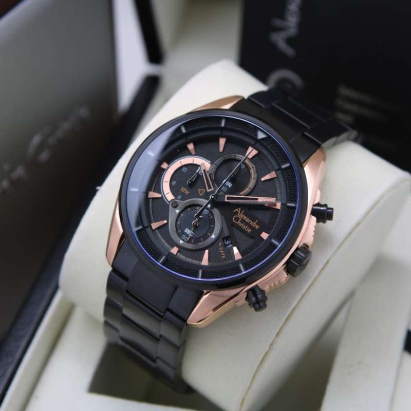 Jam Tangan Pria Cowok Alexandre Christie Ac 6662 6662 Original Tali Rantai Black Rosegold