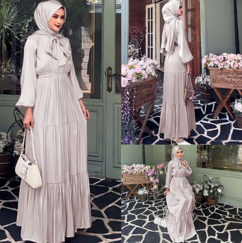 Maxi Dress Wanita Premium Glossy Gaun Pesta Panjang Mewah Elegan Pita