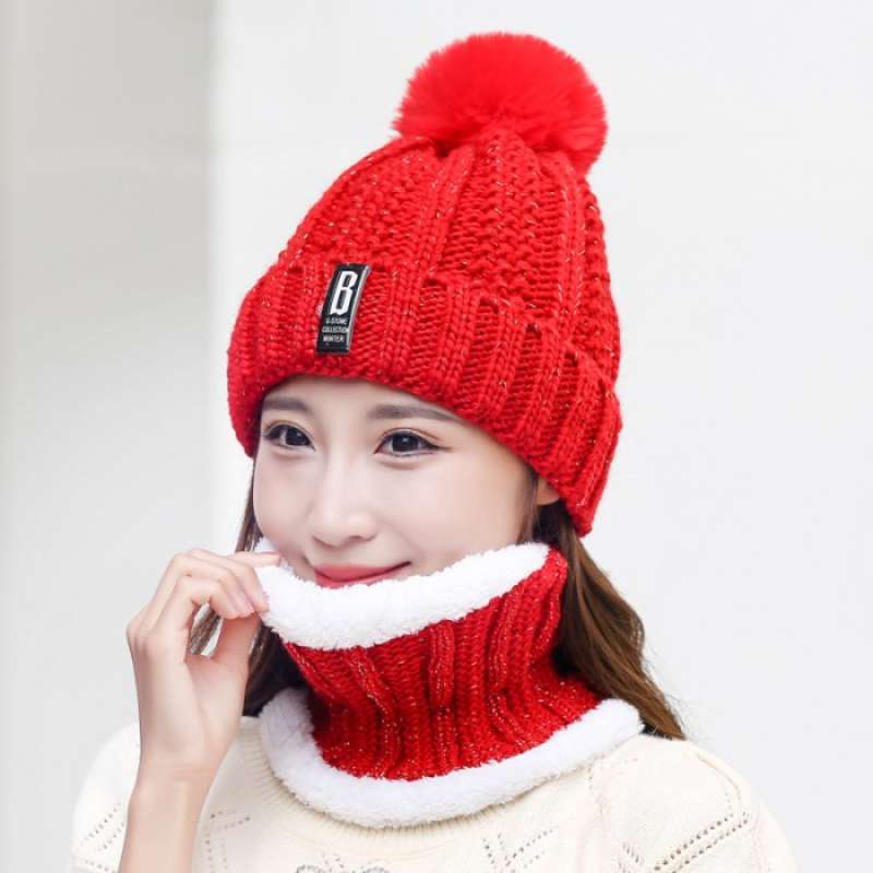 SUPERVICE 0Winter Knitted Beanie Pompom Scarf Set Woman Topi Kupluk  Syal Rajut Wanita
