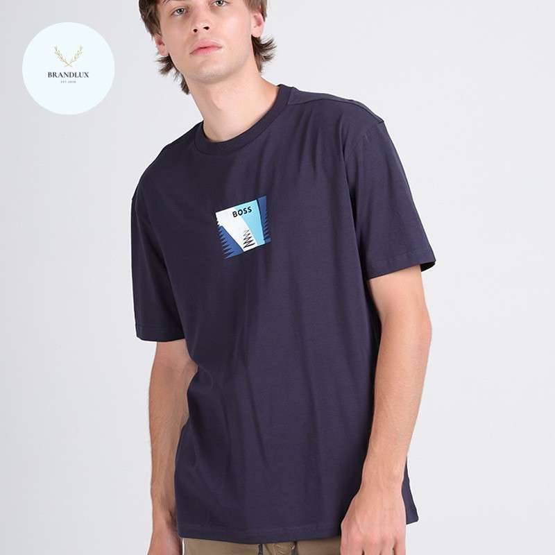 HUGO BOSS Men Tee Relaxed Fit T-Shirt in Dark Blue Stretch 100%  Authentic