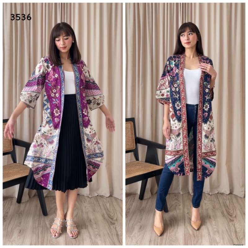 Cardigan batik panjang wanita modern outer batik panjang ungu kantor