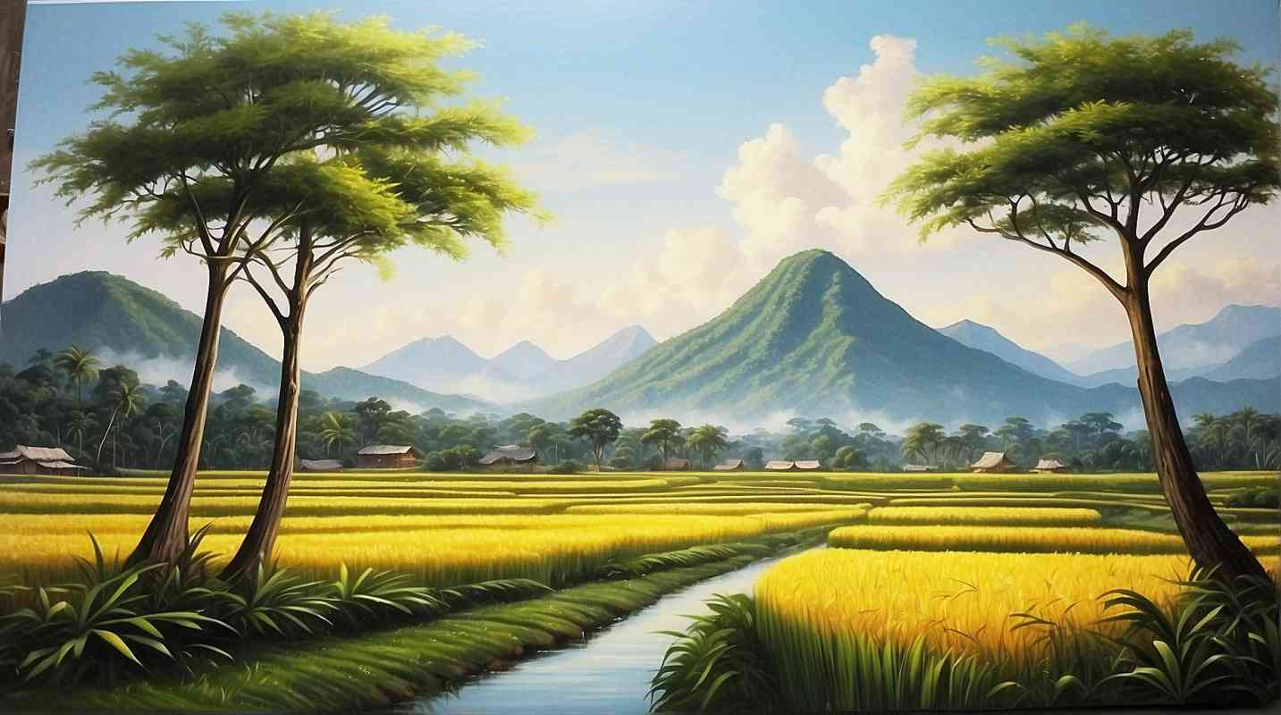 sketsa pemandangan sawah