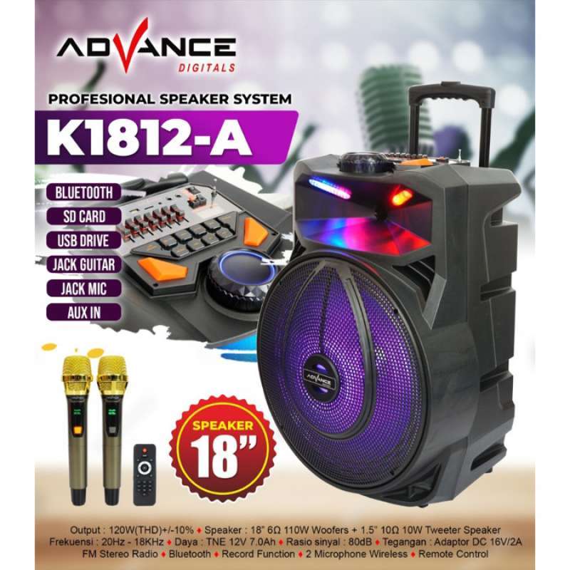 100 Produk Ori Advance Speaker Profesional 18 Inch Bluetooth Free 2 Mic K 1812A
