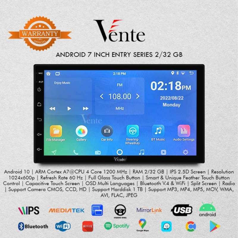 Head Unit Mobil Vente Inch Entry Series 2/32 GB