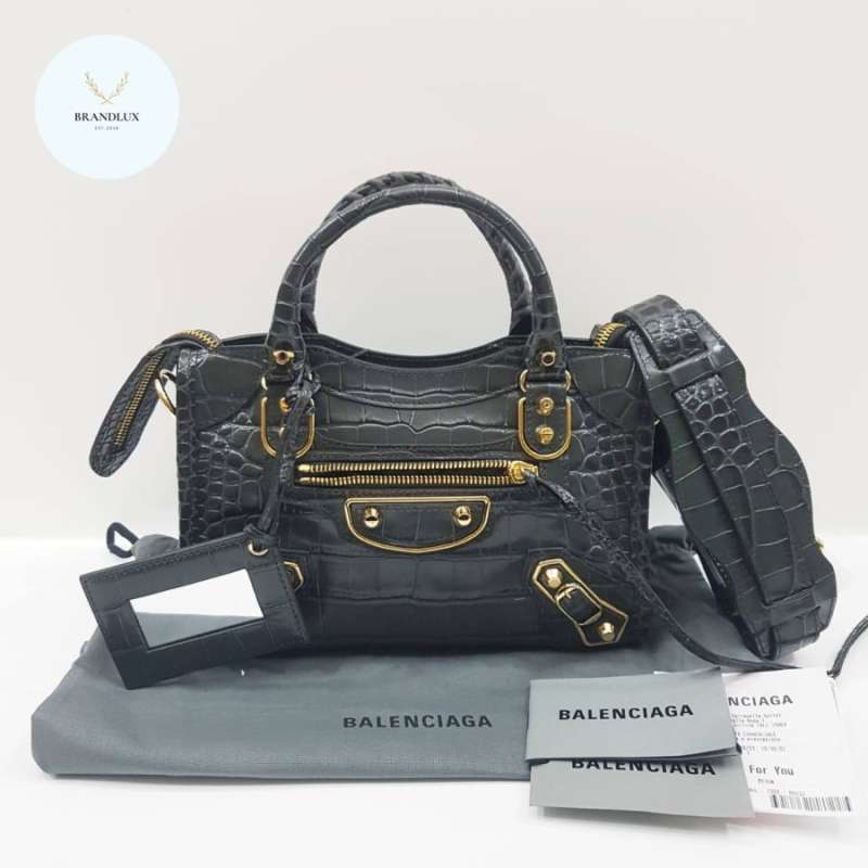 BALENCIAGA Mini city edge Croco Grey GHW 100 Authentic