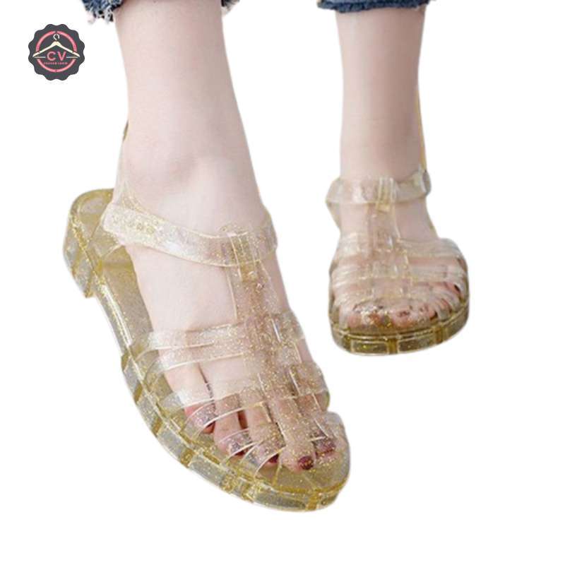 Sandal Sepatu Jelly Dewasa Import LINZY Sandal Sepatu Karet Transparan  Glitter Size 36-40 Terbaru Yellow Glitter 40