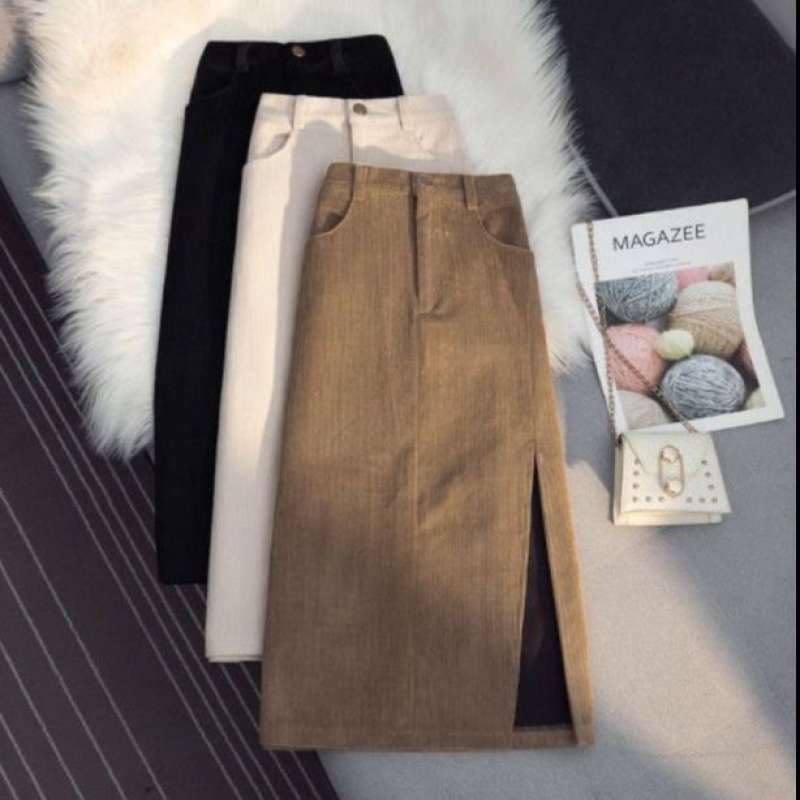VERISH ROK SLIT CORDUROY MIDI SKIRT IMPORT BAWAHAN WANITA