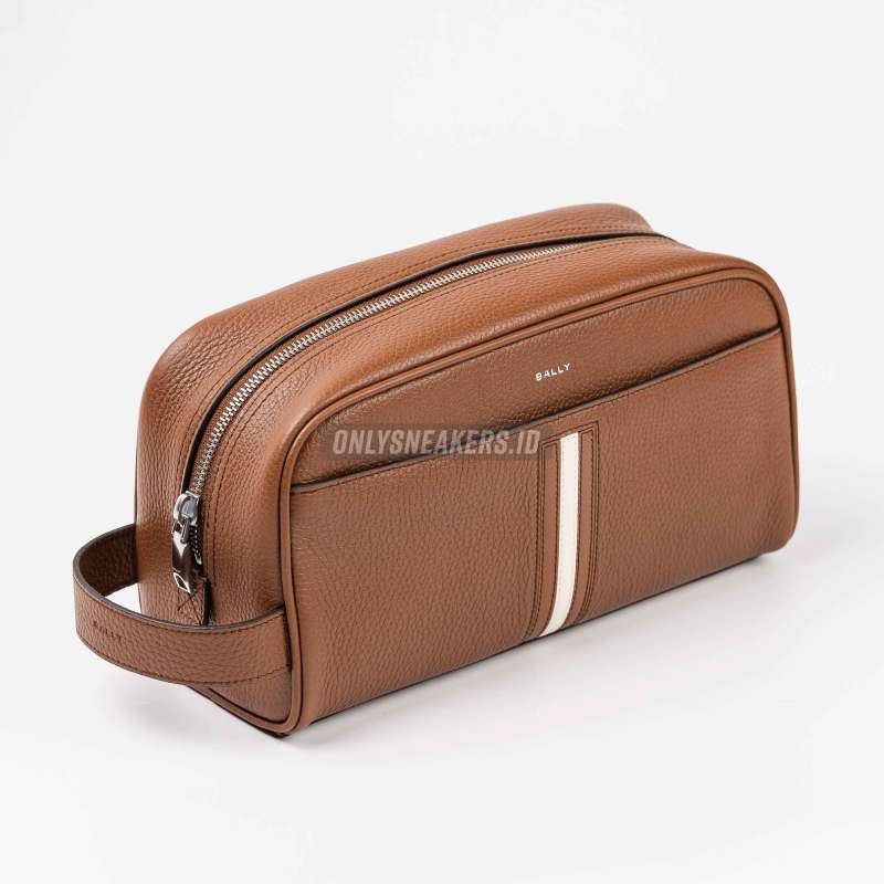 BALLY RIBBON S GRAINED LEATHER WASH BAG BROWN 100 AUTHENTIC