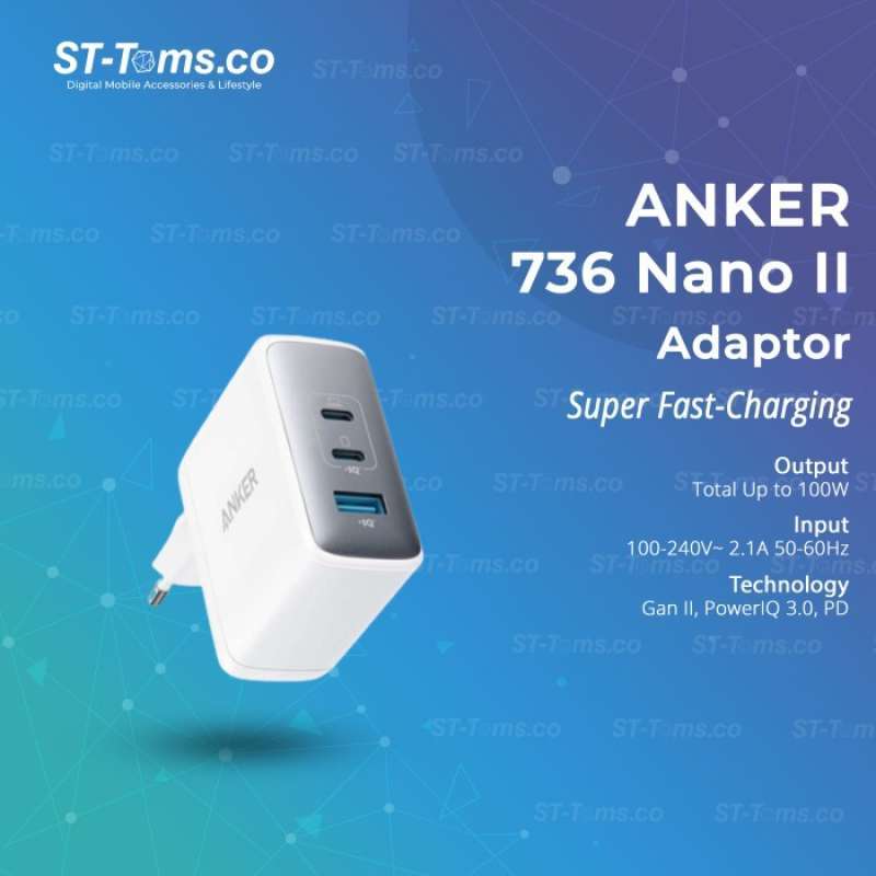 Anker 736 Nano II/ 1xUSB-A/ 2xUSB Type-C/ Chargeur mural 100W