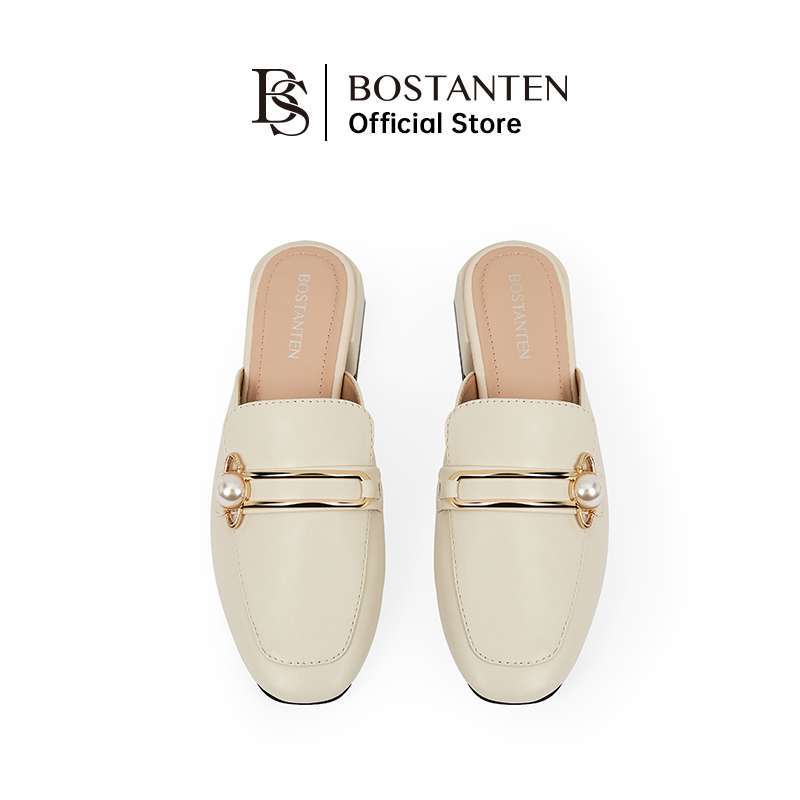Bostanten Sepatu Hak Tahu Sepatu Mules Flatshoes Heels Sepatu tunggal  dengan tumit berat wanita, kepala persegi, sepatu mutiara kecil, sepatu rata