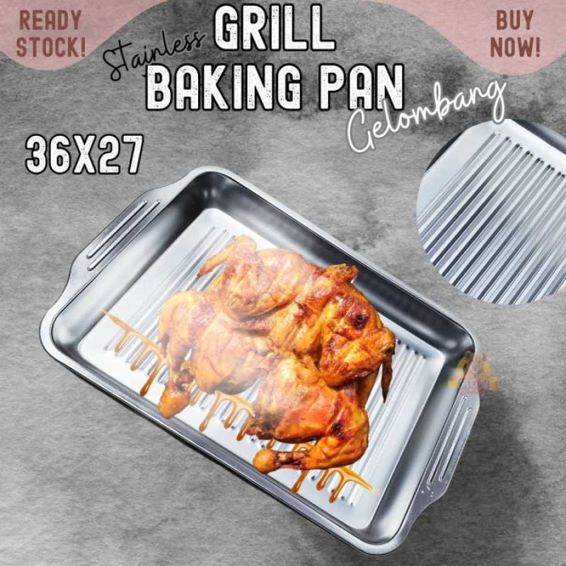 gelombang Grill Baking tray 36x27 Stainless nampan panggang dgn gagang