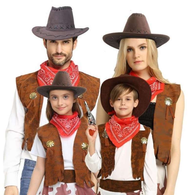 Jual kostum cowboy cowgirl set untuk anak dan dewasa topi syal
