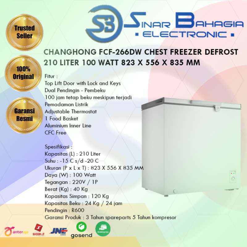 Jual CHANGHONG FCF 266DW CHEST FREEZER DEFROST 210 LITER 100 WATT