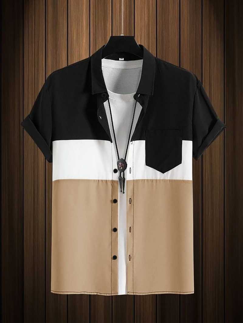 Kemeja Pria Kombinasi Warna Pocket ThreeColour Lengan Pendek Casual