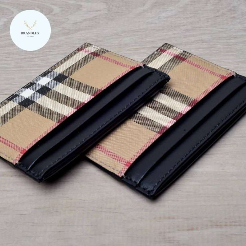 BURBERRY CARD HOLDER CHECK LEATHER CARD CASE IN BEIGE 100% Authentic