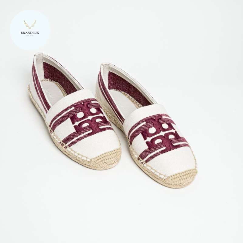 Tory Burch Double T Jacquard Espadrilles White/ Vino 100% Authentic