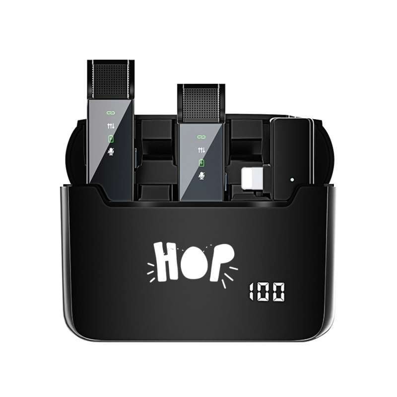HOP S16 Dual Mic Wireless Lavalier w/ Display Charging Case Clip On Jepit  (Vlog) Lightning IOS u/ iPhone Smartphone Microphone