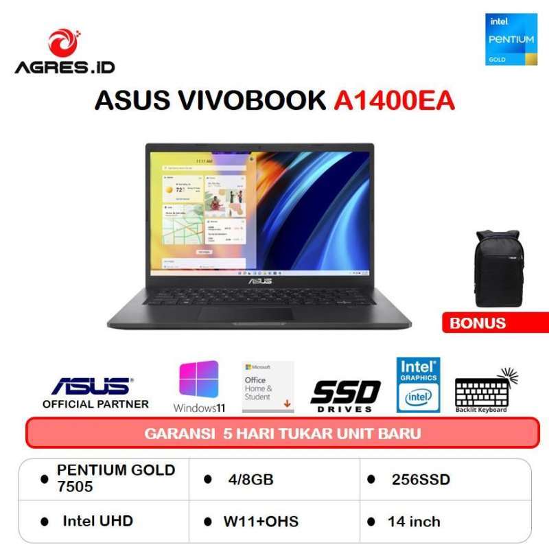 ASUS Vivobook A1400EA: Laptop 14 Inci untuk Medan, 256GB SSD dan RAM 8GB, Cocok untuk Pelajar dan Pekerja dengan Layar FHD dan Prosesor Pentium Gold