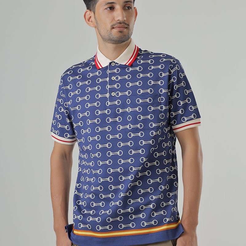 Jual Gucci Men Horsebit Print Polo Shirt In Blue/ivory Cotton Di