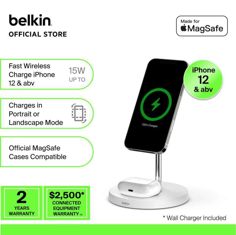 Belkin WIZ010kr White BoostCharge Pro 2in1 Wireless Charger Stand with  MagSafe 15W+adapter (iPhone 14/13/12, AirPods)