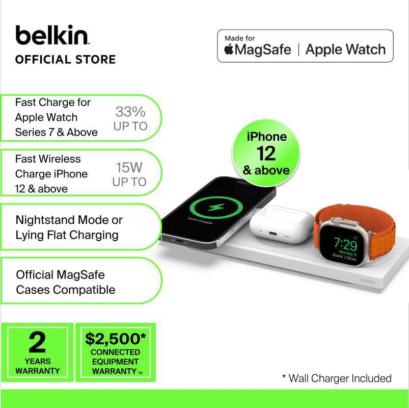 Belkin WIZ016kr White BoostCharge Pro 3in1 Wireless Charging Pad w MagSafe  15W+adapter (iPhone 14/13/12, Apple Watch, AirPods)