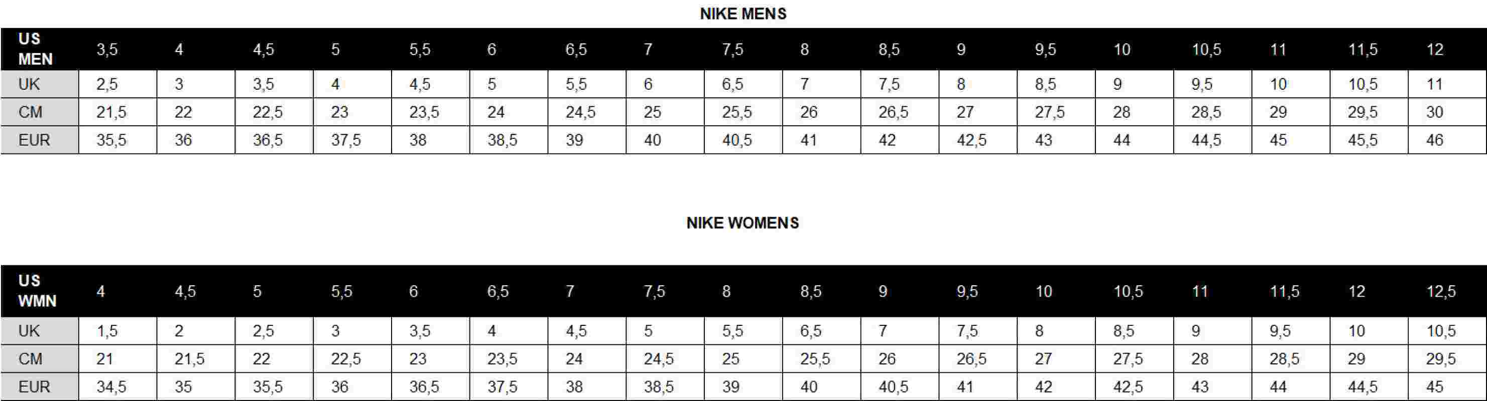 Nike daybreak size chart new arrivals