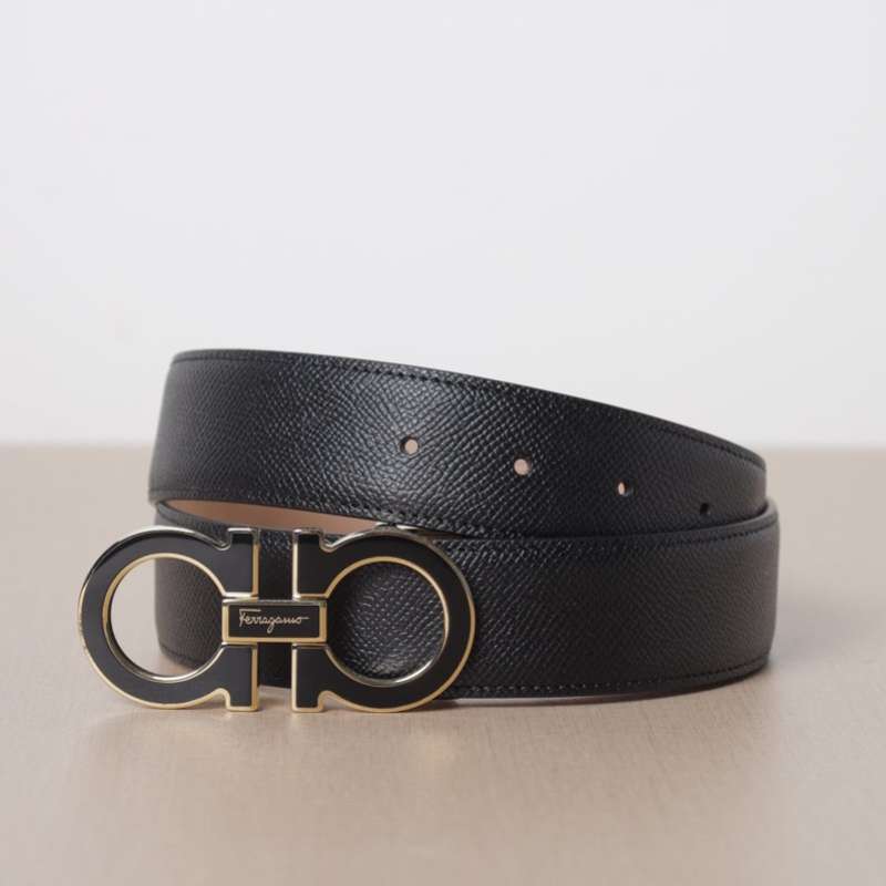 SALVATORE FERRAGAMO Men Gancini Belt 3.5cm in Black Hammered