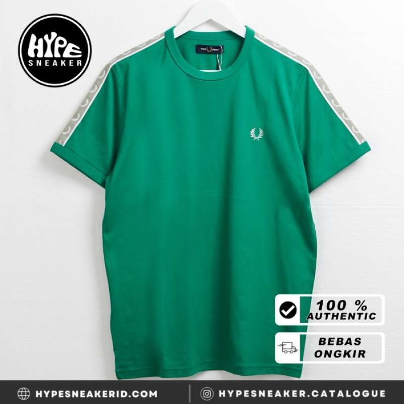 Jual Kaos FRED PERRY TAPE SHOULDER WHITE GREEN Tshirt 100