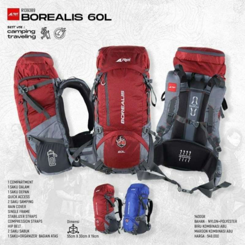 Promo Tas Keril Rei Borealis 60L Tas Carier Arei Tas Gunung Hiking