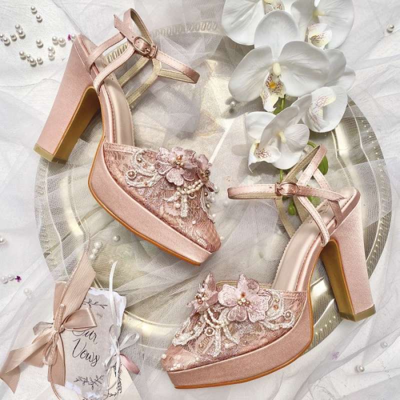 Rose Gold Sepatu Pesta Wanita Block Heels 5cm Clutch Set AVEDA 6460
