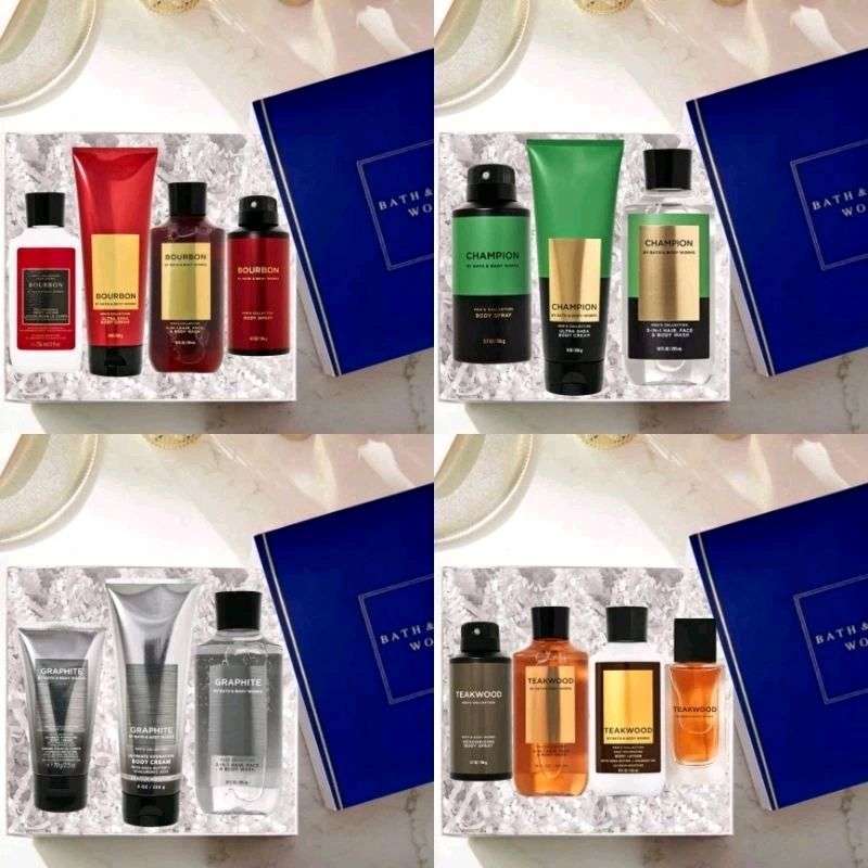 BATH BODY WORKS BBW PAKET GIFTSET FOR HIM MEN'S COLLECTION MIX TEAKWOOD  ATLANTIC CHAMPION LEGEND BOURBON HERO MARBLE STONE CLEANSLATE GRPAHITE OASIS