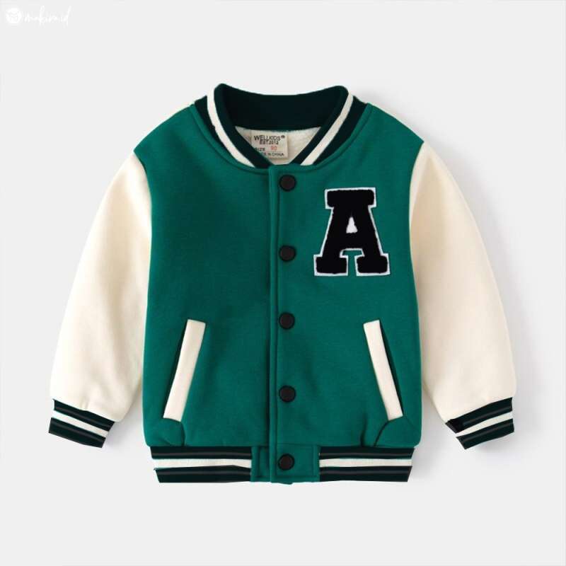 Jacket Anak Cowok Cewek Model Varsity Terbaru Umur 1 2 3 4 5 6 7 8 9 10 11 12 13 14 15 16 Tahun Hijau Botol Cream Sablon A Tebal