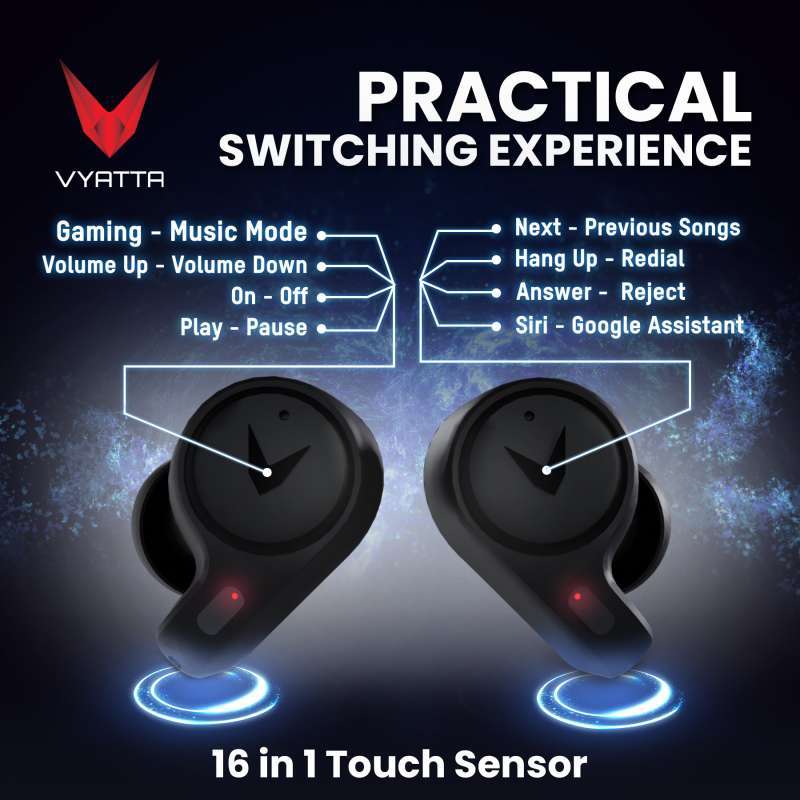 VYATTA AIRBOOM PHANTOM Q TWS BLUETOOTH HEADSET EARPHONE GAMING PREMIUM AMBIENCE LIGHT HD SOUND