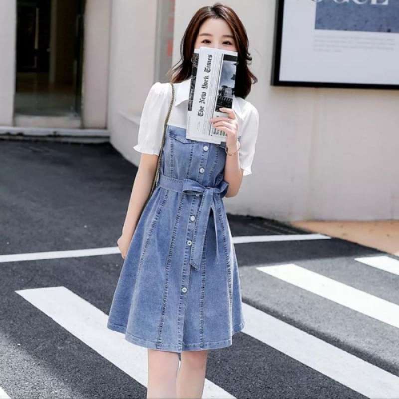 Jual Dress jeans wanita Korea kombinasi katun lengan pendek di