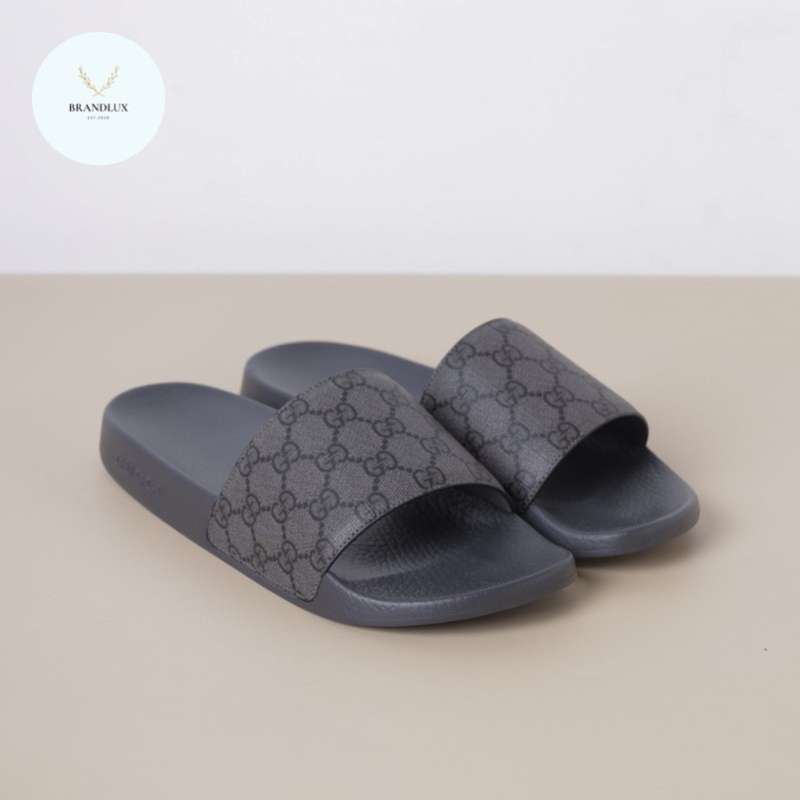 GUCCI Men Supreme Slide Sandal in Grey Black Canvas 100 Authentic