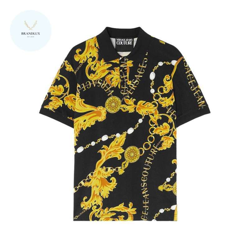 Versace Chain Couture Polo Shirt Black Gold 100% Authentic