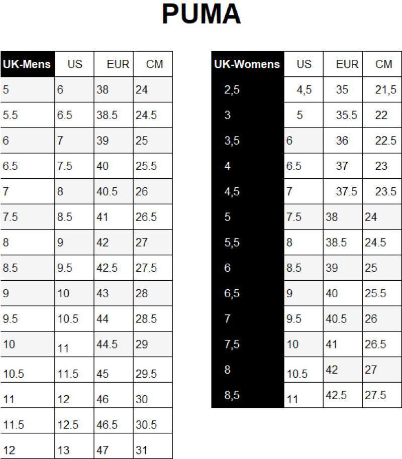 Puma basket size chart sale