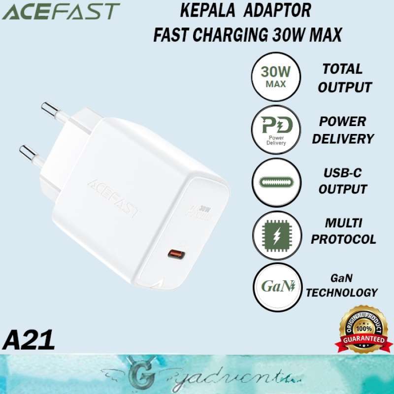 Acefast Kepala Adaptor Charger GaN Untuk Adapter iPhone 11 12 13 14 15 Type  C PD Fast Charging 30W Oppo Vivo Realme