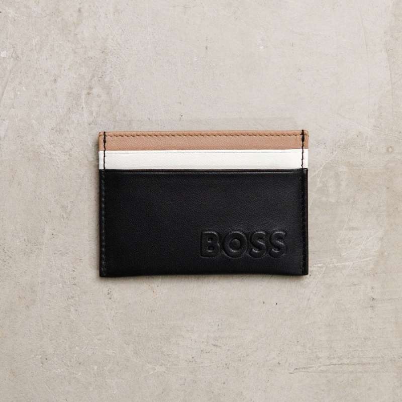 HUGO BOSS Embossed Stripe Brown White Card Holder in Black