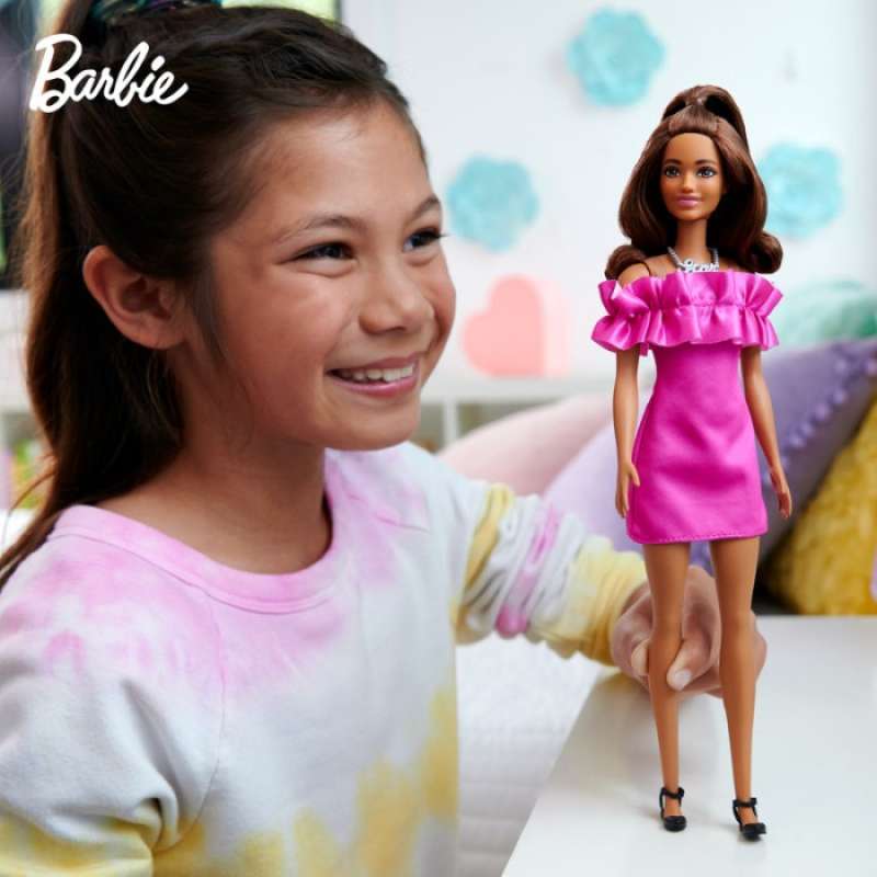 Barbie Fashionista Doll with Pink Ruffle Sleeves Dress Mainan Boneka