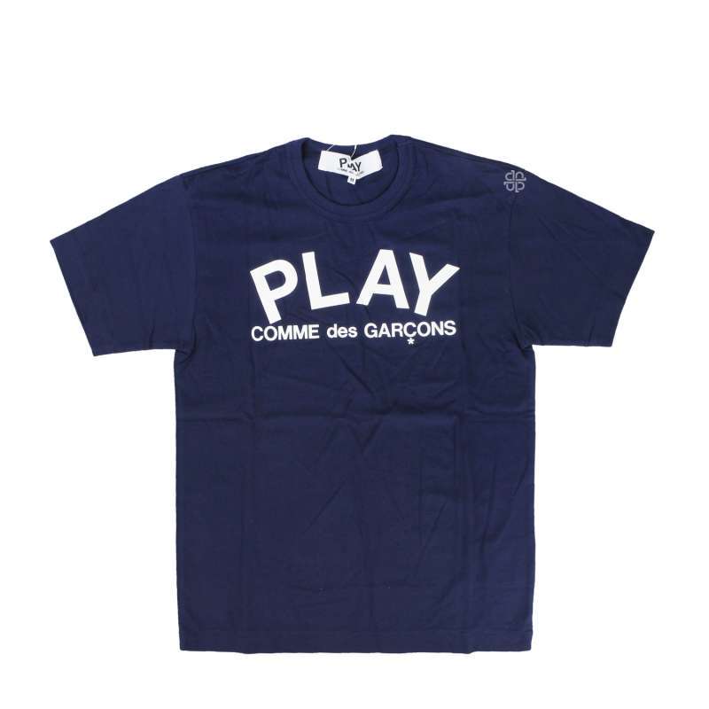 Comme Des Garcons Play Text Logo Shirt in Navy Blue