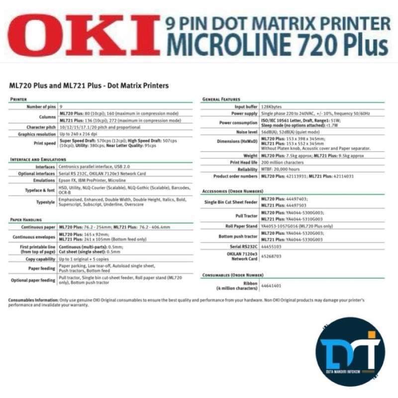 Promo Oki Ml720 Plus 9 Pin Dot Matrix Microline Printer Diskon