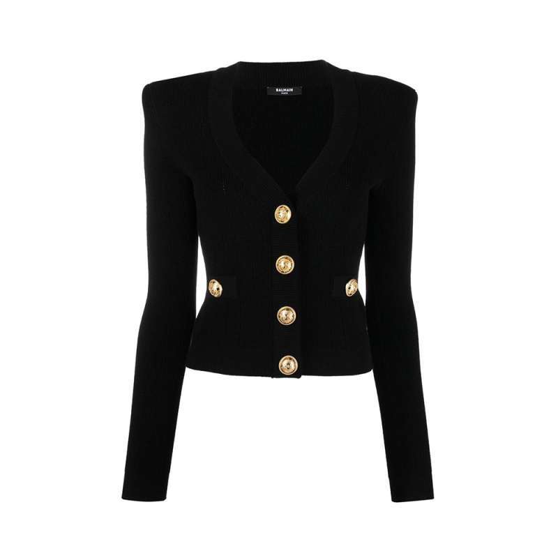 Balmain Cropped Knit Cardigan Gold Tone Below Pocket Black