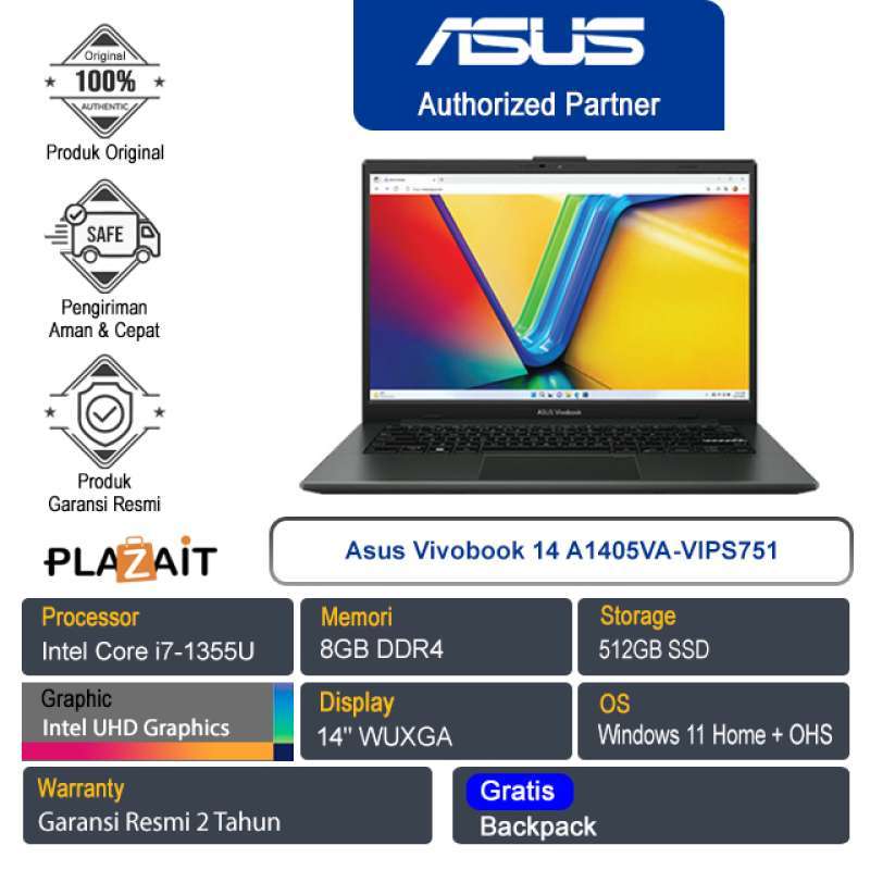 Asus VivoBook 14 A1405VA-VIPS751 VIPS752/Intel Core i7-1355U/8GB/512GB  SSD/Intel UHD Graphics/14″ WUXGA/Win 11 Home+OHS/2Y
