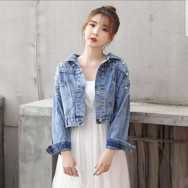 Jual 912 Jaket Jeans Crop Kombinasi Mutiara Tembak Oversize Crop
