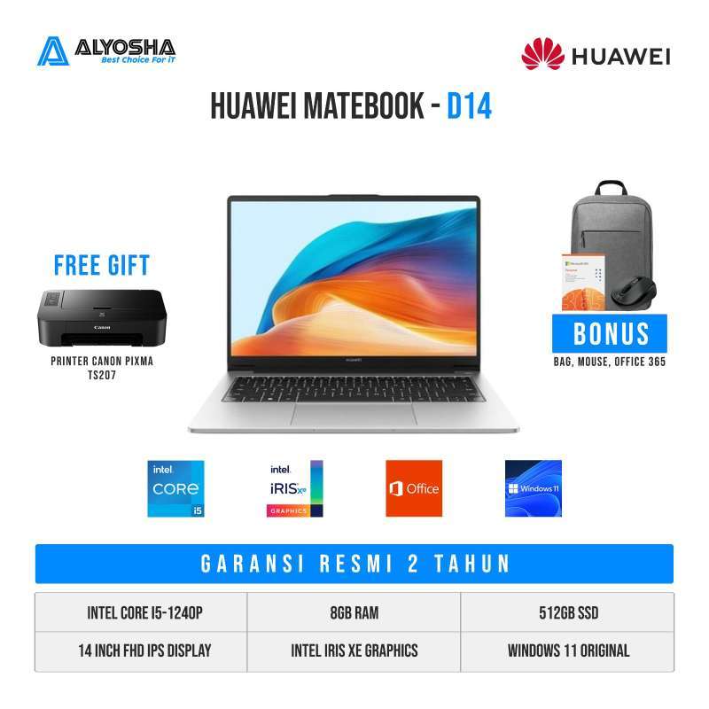 Huawei Matebook D14 Laptop, 14 inches FullView Display, 12th generation  Intel Core i5-1240P, 8 GB RAM, 512 GB SSD, Windows 11 Home, Mystic Silver,  D14-W5851P Online at Best Price, Notebook