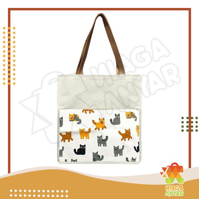 NA Tas Kanvas Kombinasi Kotak Ukuran Besar Tas Kanvas Simple Besar Totebag Tote Bag Wanita Simpel KUCING PUTIH