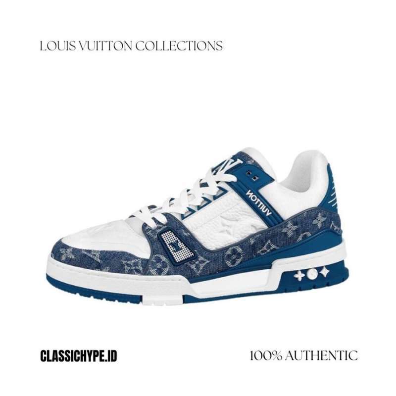LV TRAINER MONOGRAM DENIM WHITE BLUE 100 A MISSING UTHENTIC